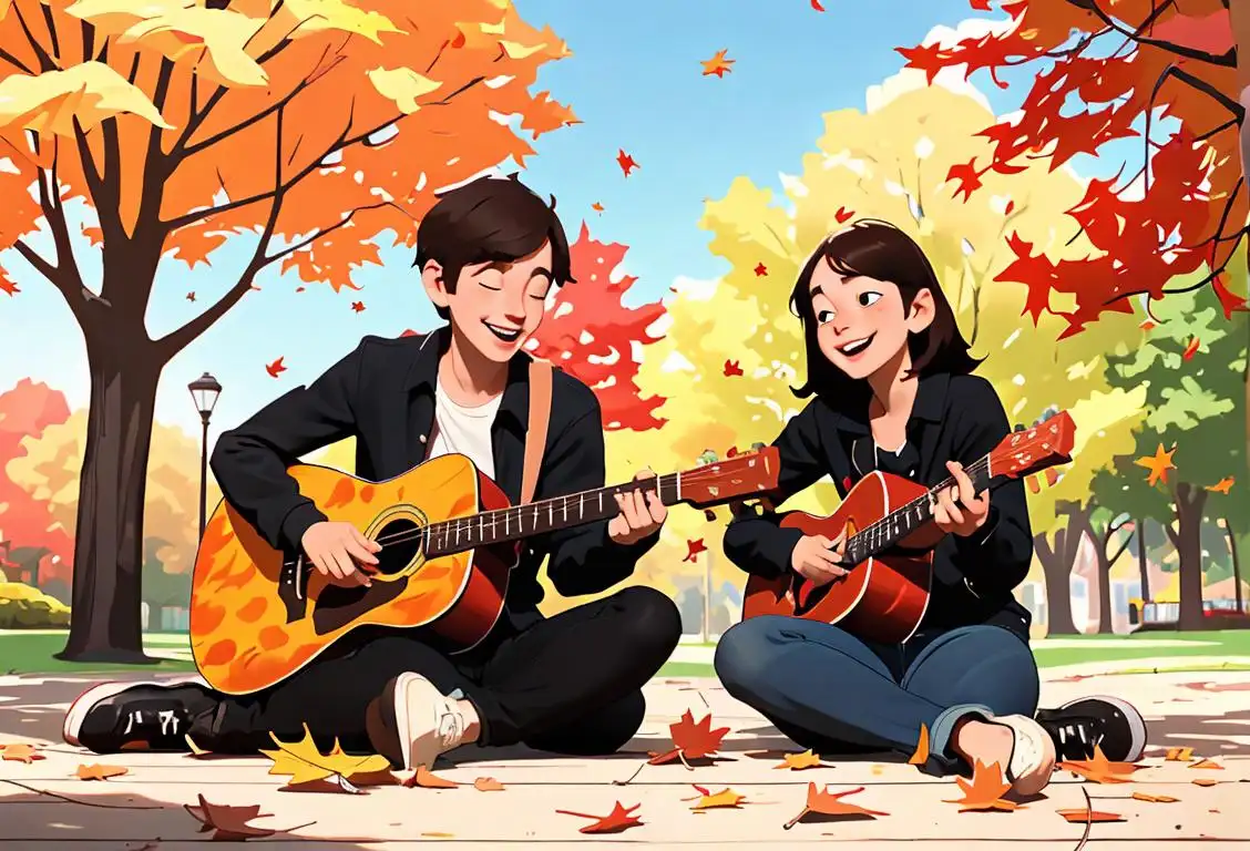 Two friends sitting in a park, one playing guitar and the other tapping their foot, surrounded by fall leaves and smiling..