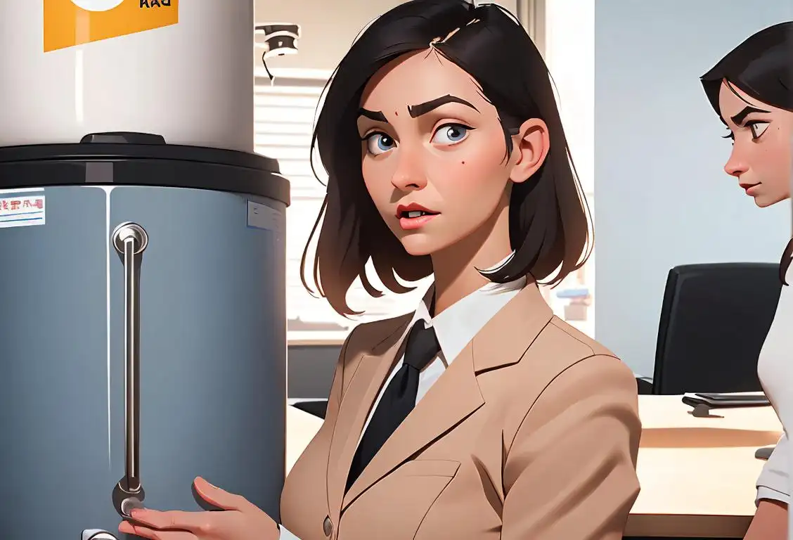 Young woman in professional attire, holding a water heater, surrounded by curious coworkers, office setting with a touch of hot water excitement..