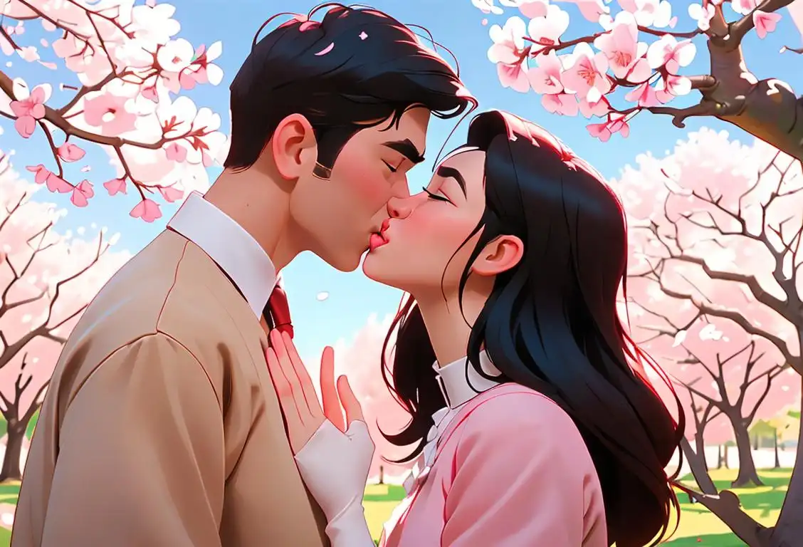 A cheerful couple, wearing modest attire, sharing a sweet and innocent kiss under a blooming cherry blossom tree..
