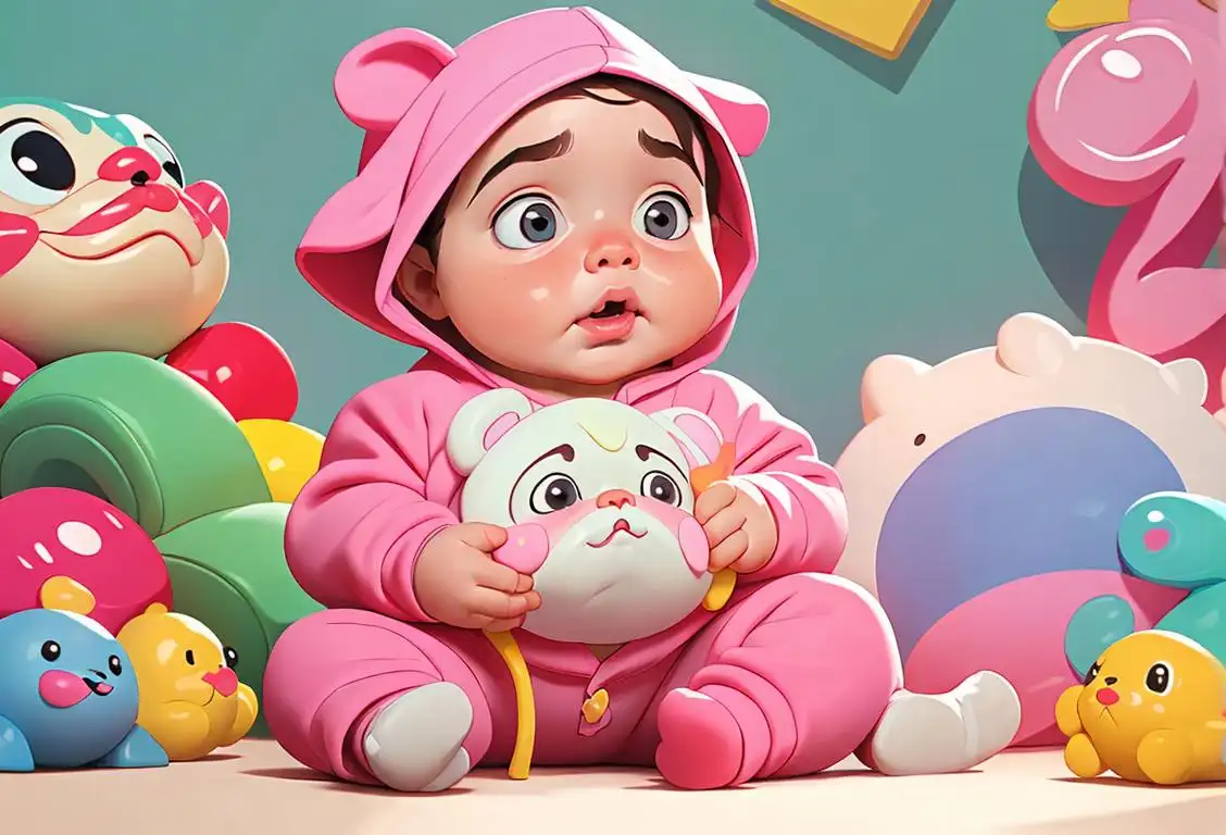 Chubby baby with rosy cheeks, wearing a cute onesie, surrounded by colorful toys and a playful nursery decor..