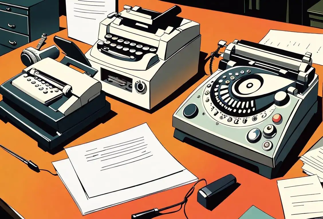 A retro fax machine on a desk surrounded by vintage office supplies, a typewriter, and a rotary phone..