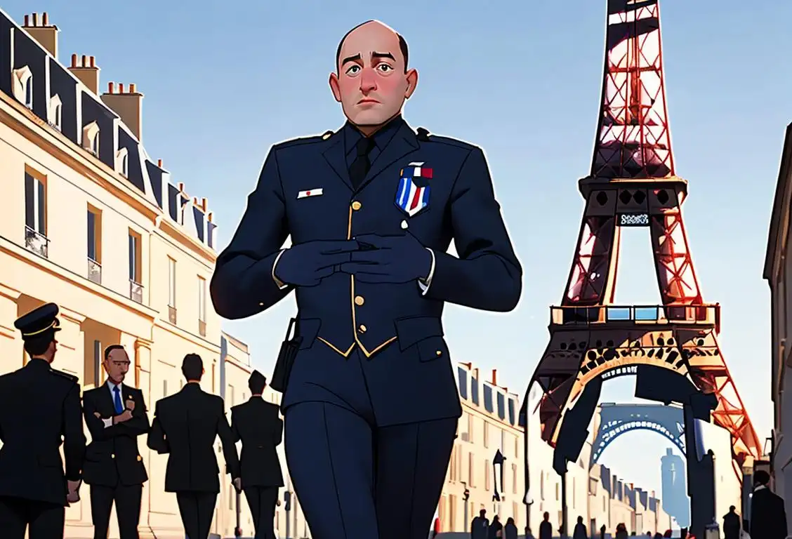 Young national security adviser exploring famous landmarks in Paris, wearing a smart suit, with a French flag in the background..