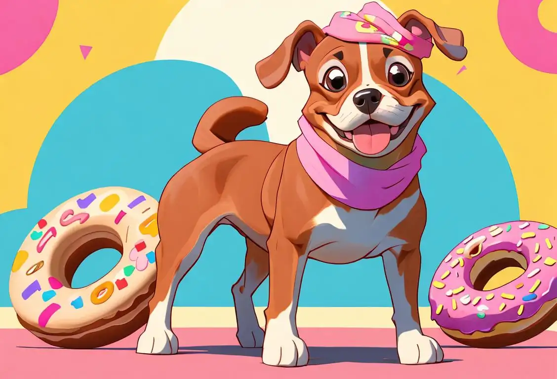 A photo of a happy dog wearing a cute bandana, surrounded by a colorful display of dog-shaped doughnuts, set against a backdrop of a sunny park..