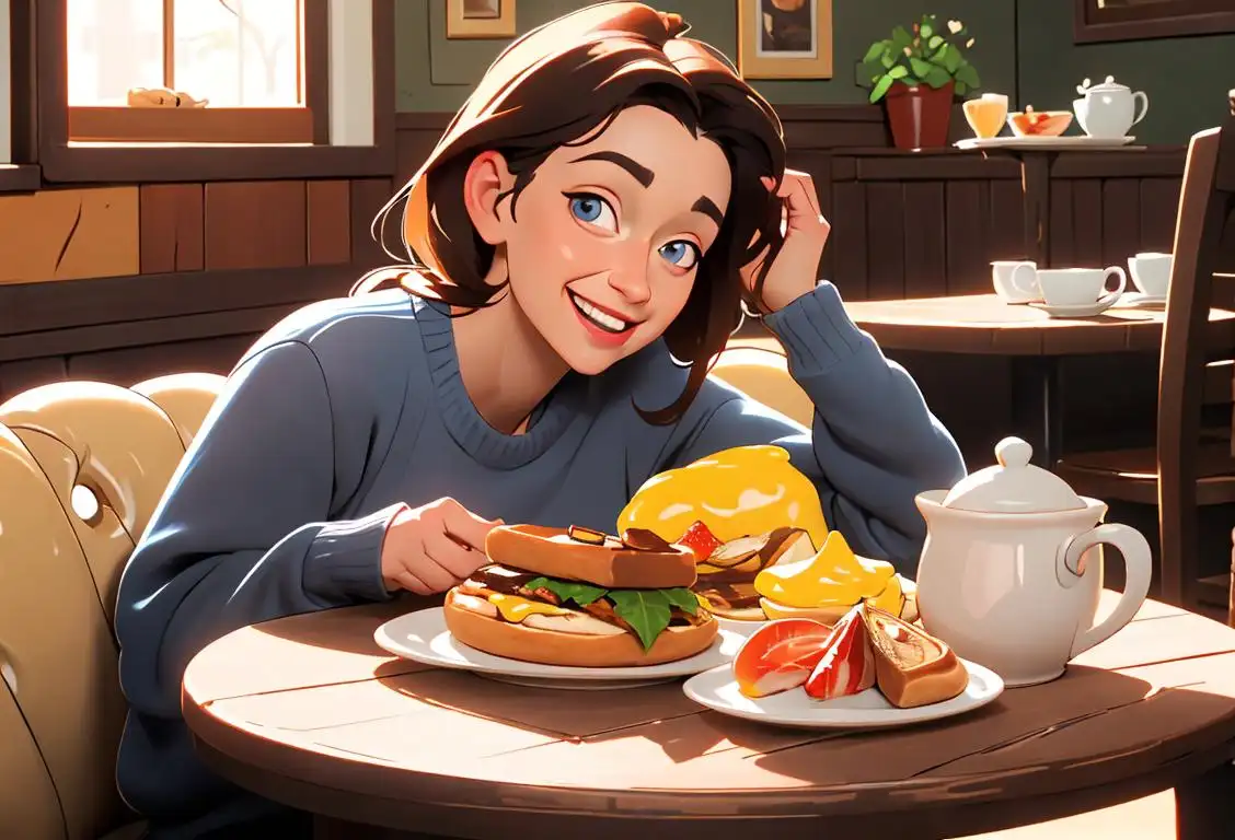A cheerful individual enjoying a scrumptious breakfast, wearing a cozy sweater, sitting in a rustic cafe, surrounded by delicious food..