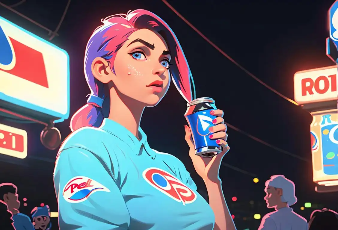 Young woman holding a frosty can of Pepsi, wearing a retro 80s outfit, colorful neon lights in the background..