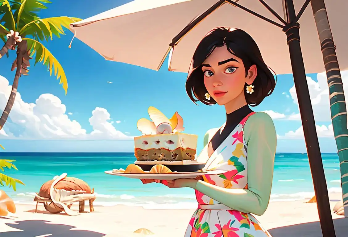 Young woman holding a slice of coconut torte, wearing a floral dress, beach setting with palm trees and seashells..