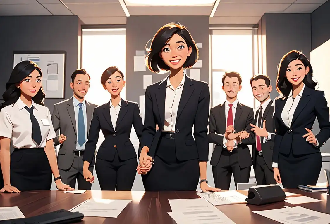 Group of diverse employees holding hands and smiling, dressed in professional attire, in a modern office setting..