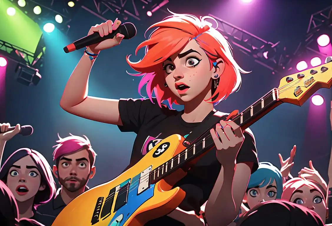 Young woman with vibrant colored hair, holding a guitar, surrounded by fans with energy and excitement, concert venue setting..