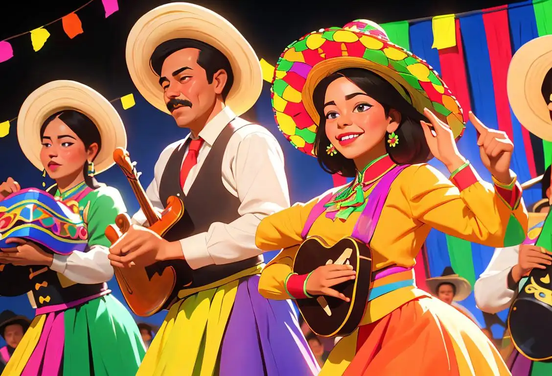 A joyful celebration with people in colorful attire, sombreros, mariachi music instruments, and dancing in a festive Mexican setting..
