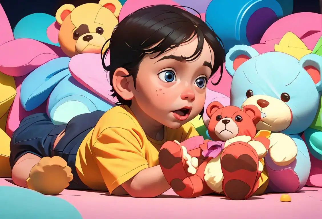 A young child holding a teddy bear, wearing a bright colored shirt, playful scene with toys scattered around..