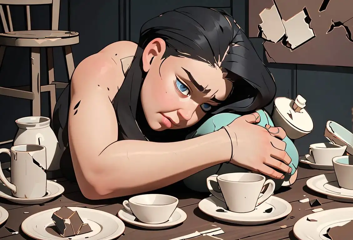Person wearing a cast on their arm (reference to broken), sitting on a stool (careful not to break!), surrounded by scattered broken objects (mugs, plates, etc.), with a sympathetic friend offering a comforting hug..