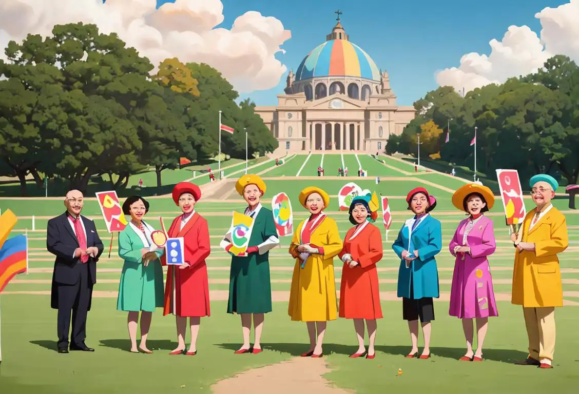 A joyful group of diverse individuals, dressed in colorful attire, holding signs representing the National Assembly Orders of the Day, with a scenic park setting..