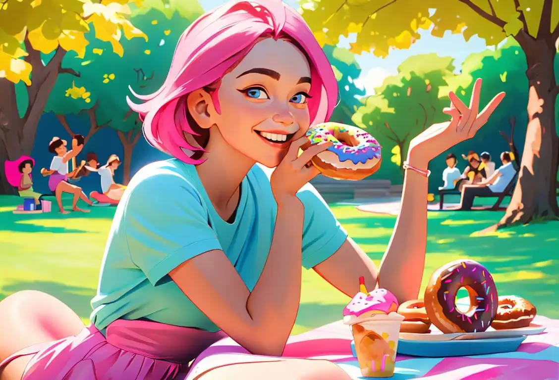 Cheerful person enjoying a free donut picnic outdoors, wearing a colorful summer outfit, surrounded by friends and nature..