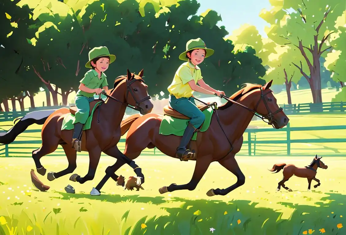 A group of children happily riding beautiful horses in a lush green meadow, wearing colorful western-style riding gear..