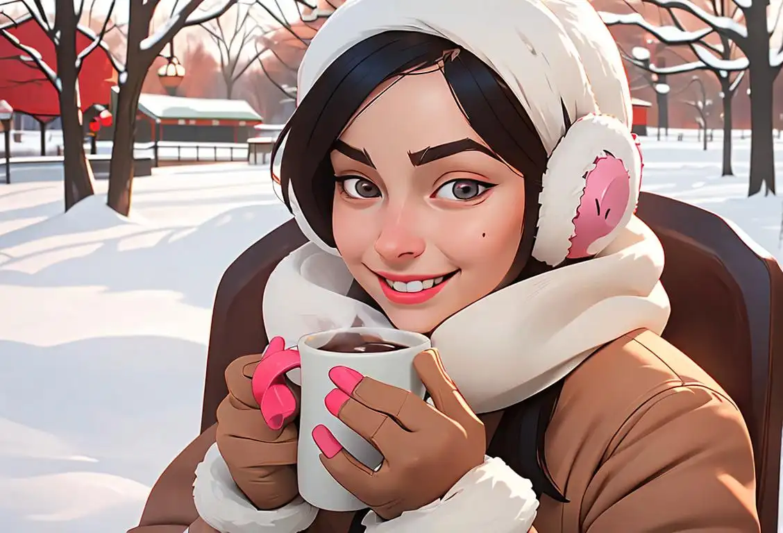 Young woman wearing earmuffs, holding hot cocoa, snowy park setting, cozy winter fashion, smiling and enjoying the warm beverage..