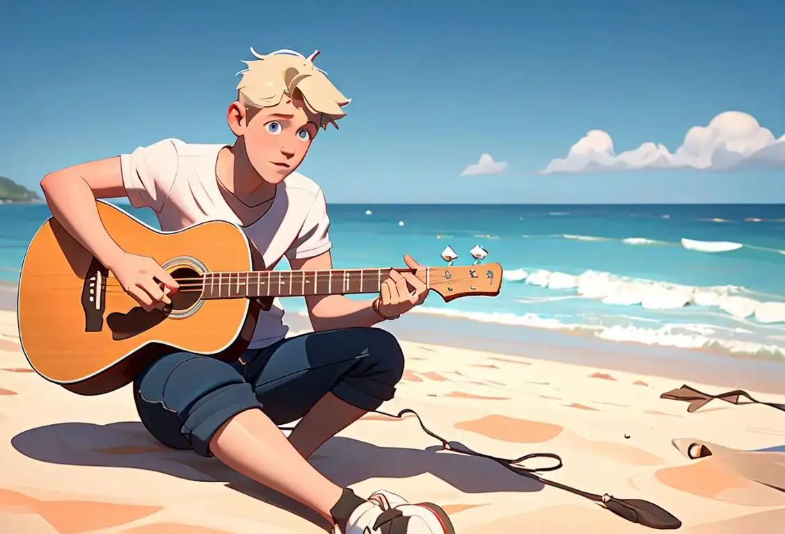Niall Horan, the Irish sensation, strumming his guitar on a sunny beach, with enthusiastic fans in trendy summer outfits dancing in the background..