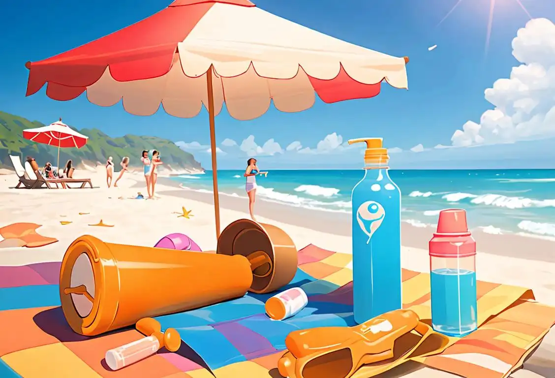 A sunny day at the beach with people enjoying themselves in stylish summer outfits, sunscreen bottles scattered around, and a heatstroke prevention banner in the background..