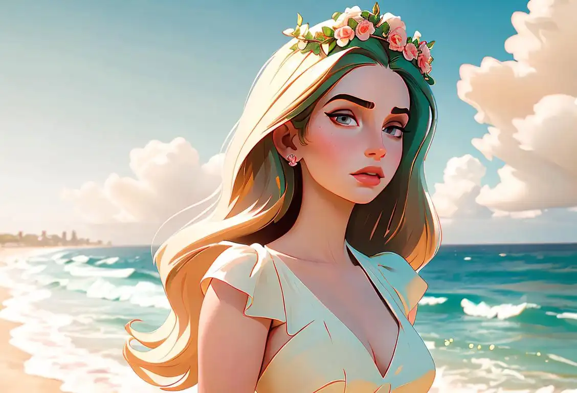 Young woman with a flower crown, gazing at the ocean, wearing a vintage-inspired dress, capturing Lana Del Rey's signature ethereal aesthetic..