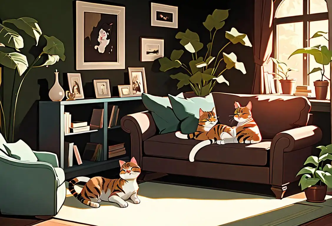 A cozy living room scene with a person peacefully cuddling a content cat, surrounded by books and plants..