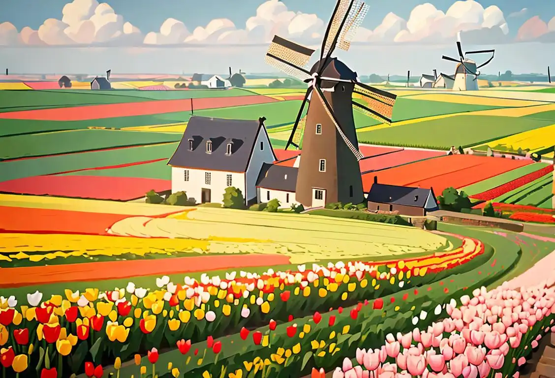 Majestic windmill towering over tulip fields, Dutch countryside, with people in traditional Dutch clothing, capturing the essence of National Mills Day!.