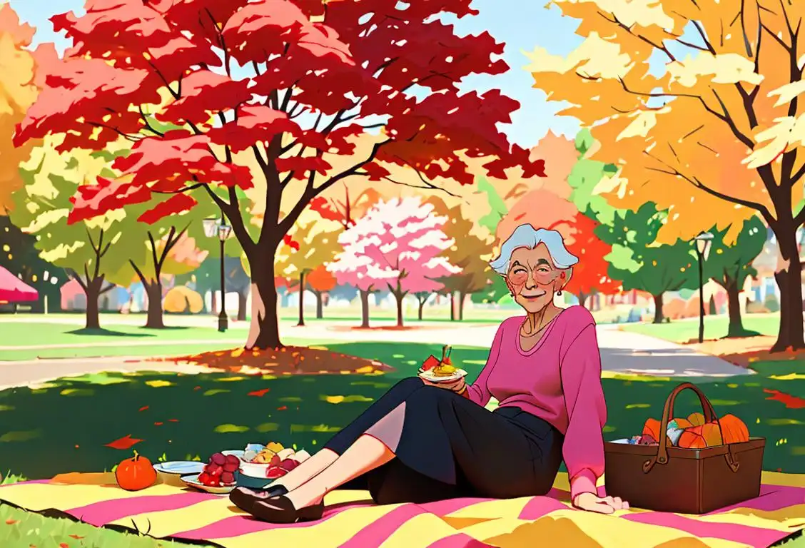 An older couple enjoying a picnic in a sunny park, wearing fashionable and colorful clothing, surrounded by vibrant autumn foliage..