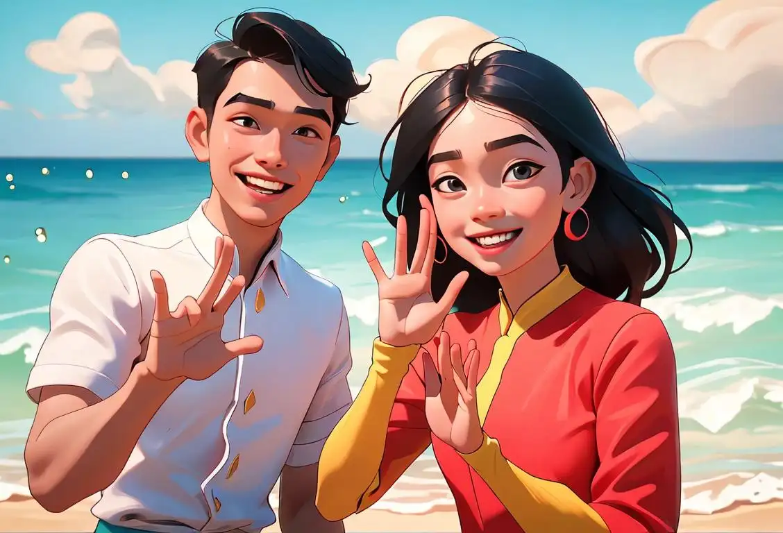 Young man and woman enthusiastically waving their hands in a pabebe gesture, wearing colorful outfits, beach background with sparkling waves..