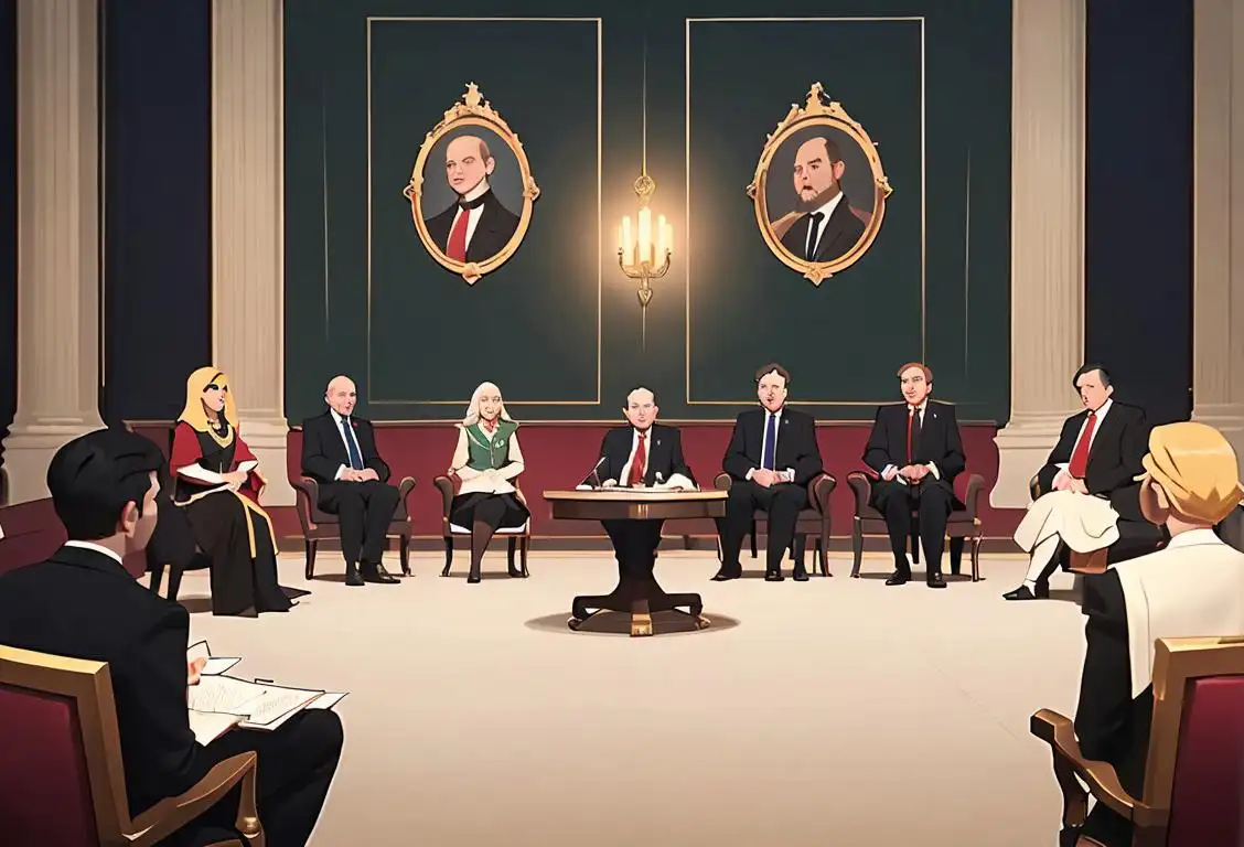 A diverse group of people in formal attire, sitting in a grand hall, passionately discussing and debating important national issues with flags in the background..