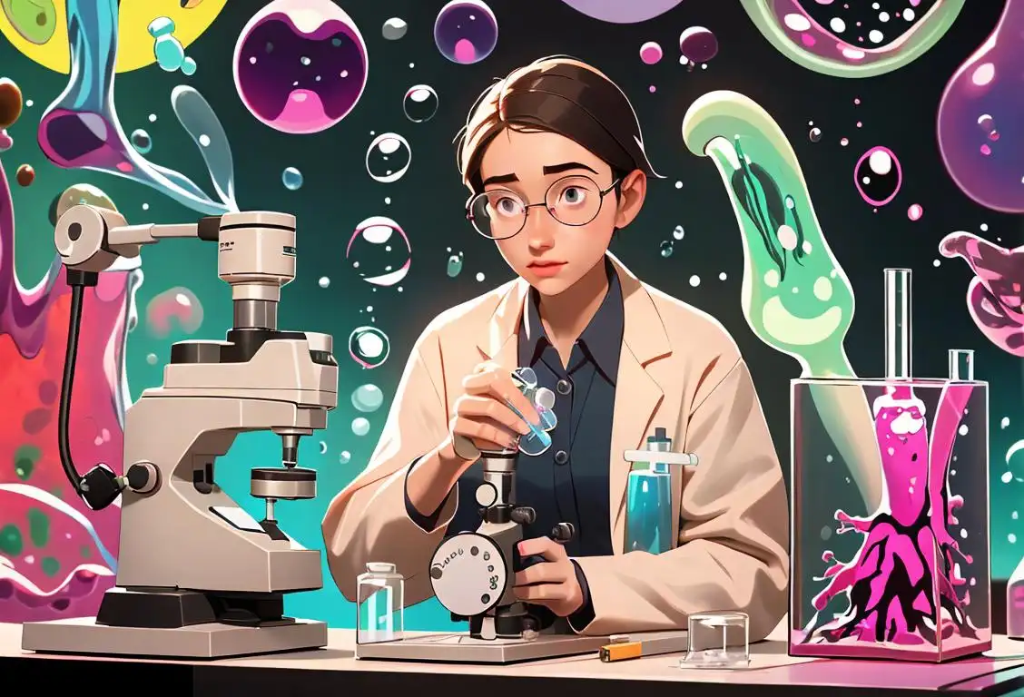 Young person in a lab coat, holding a microscope, surrounded by colorful science equipment and bubbling test tubes..
