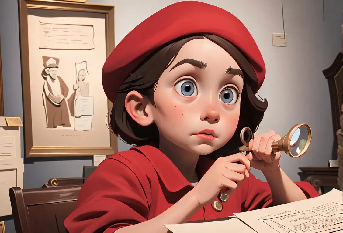 A curious child, wearing a red cap and holding a magnifying glass, exploring the wonders of American history, surrounded by artifacts and documents..