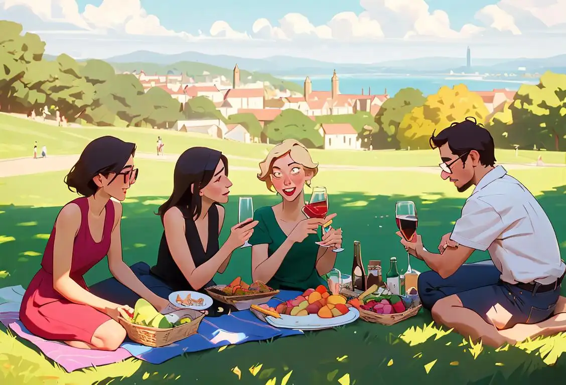 A group of friends clinking glasses while enjoying a picnic in a picturesque park, dressed in casual summer attire, with a scenic cityscape in the background..