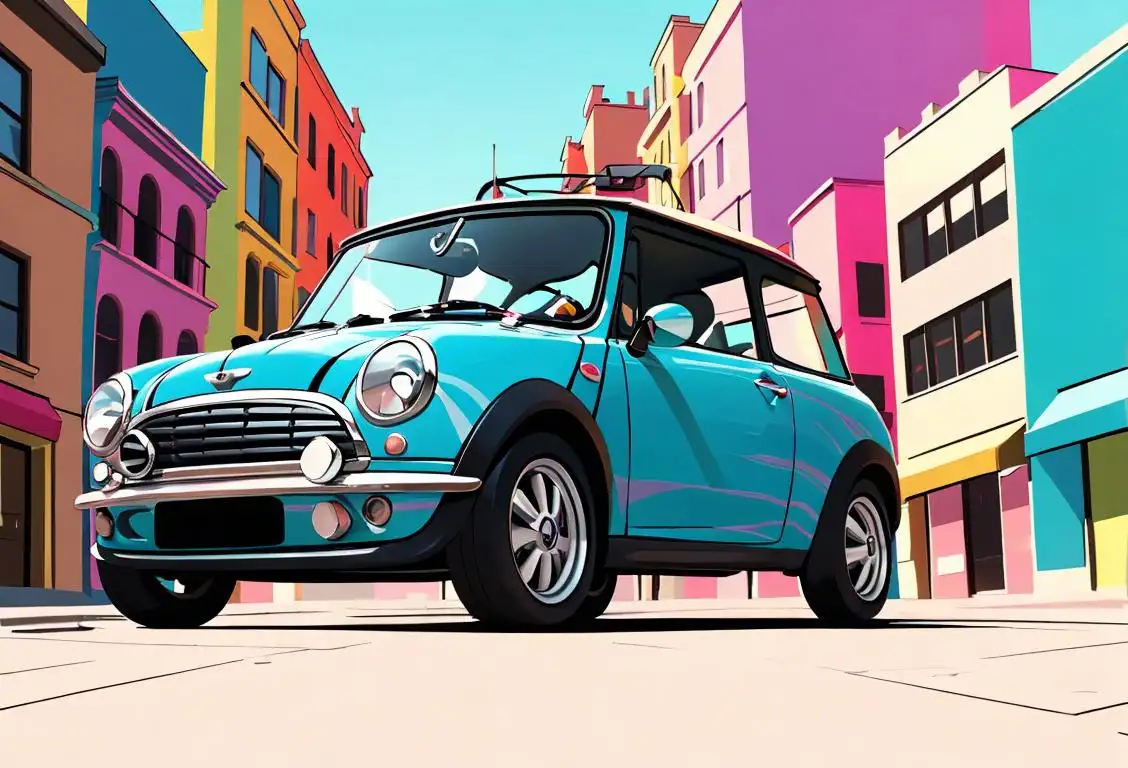 A stylishly dressed individual in a mini cooper, wearing retro sunglasses, vibrant street scene with colorful buildings in the background..