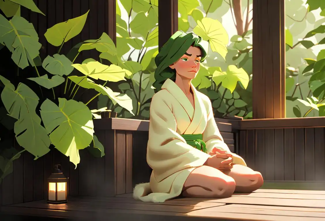 Person sitting in a serene sauna room, wearing a fluffy white robe, surrounded by relaxing green plants..