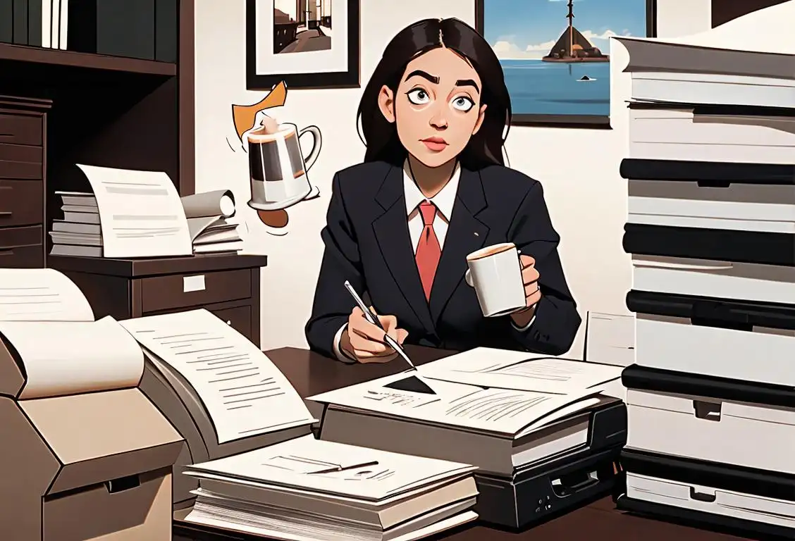 Office worker in business casual attire, holding a mug of coffee, surrounded by stacks of paperwork and a malfunctioning printer..