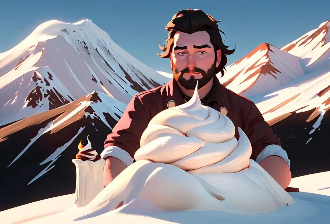 A person wearing a chef hat holding a delicious Baked Alaska dessert with a snowy mountain backdrop..