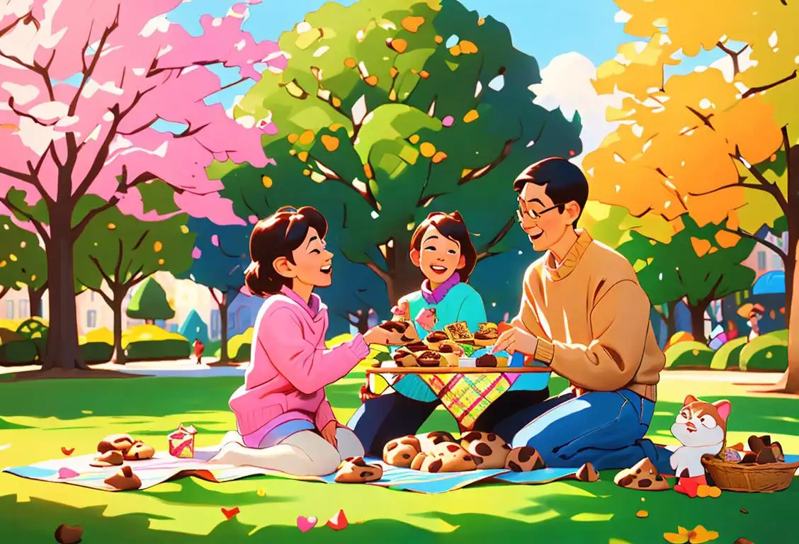 A joyful, cookie-loving family picnicking in a sunny park, wearing cozy sweaters, surrounded by a colorful quilt and a basket filled with scrumptious cookies..
