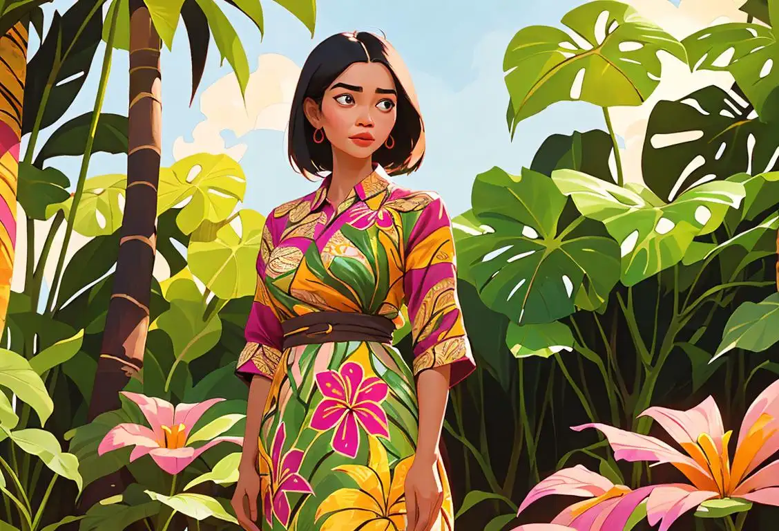 Young woman wearing a batik dress, surrounded by vibrant Indonesian patterns, standing in a tropical garden..