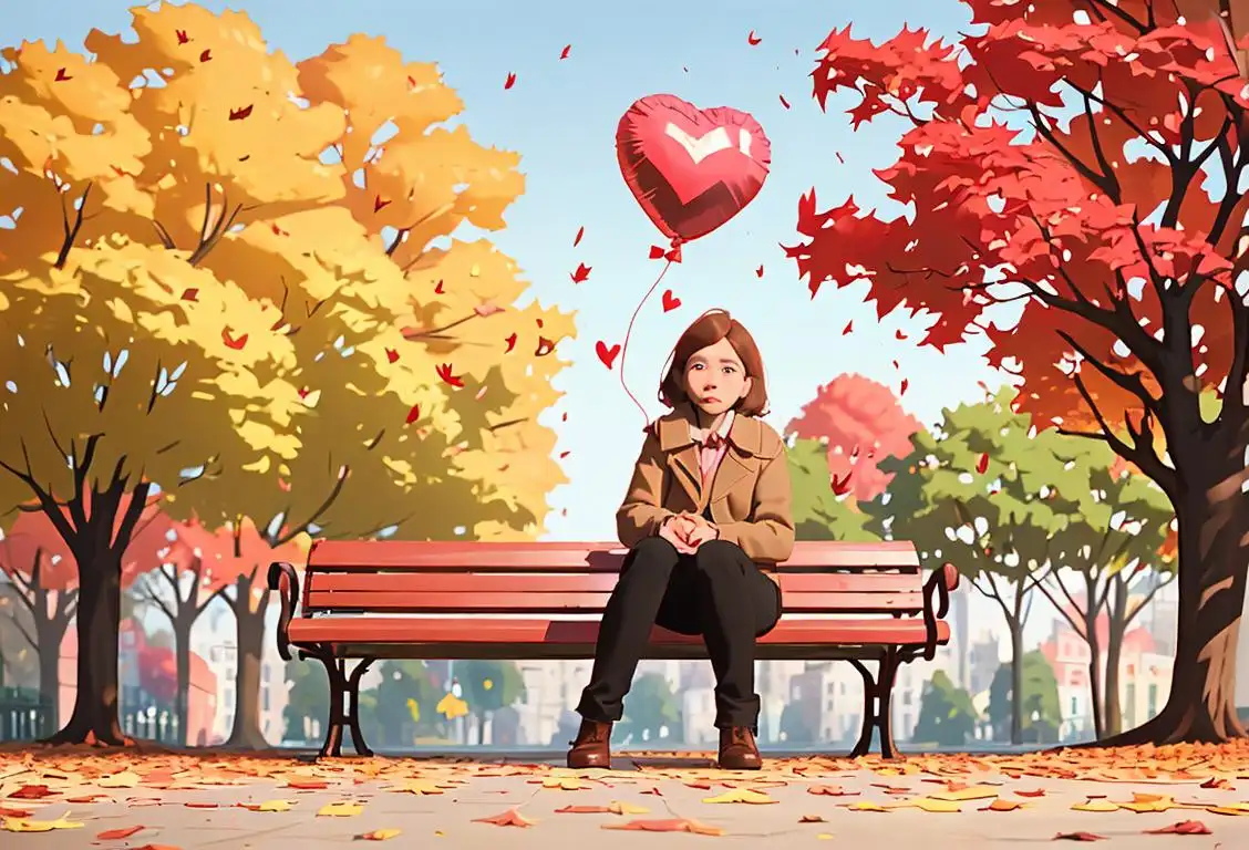 A person sitting alone on a park bench, holding a broken heart-shaped balloon, surrounded by autumn leaves..