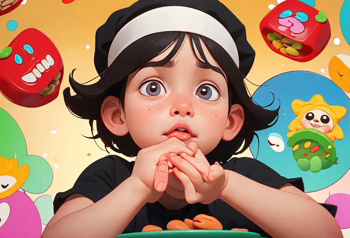 A playful child holding a handful of lablab beans, wearing a chef's hat, surrounded by a colorful kitchen scene..