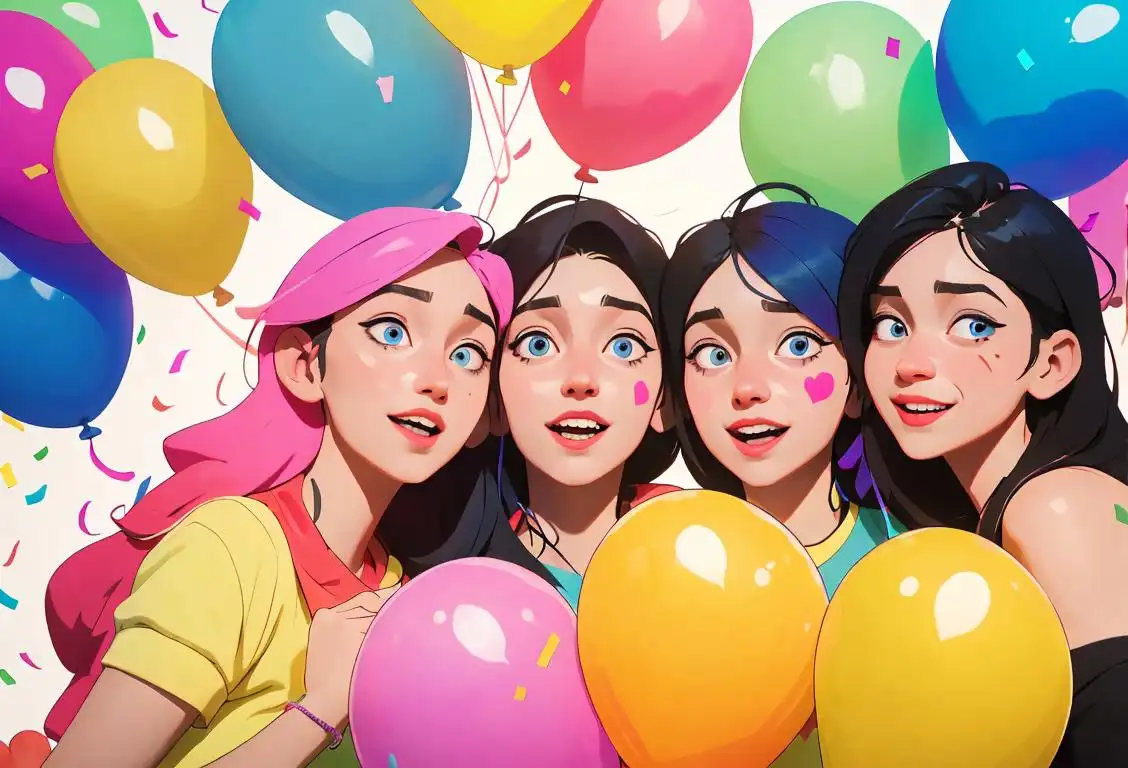 Happy group of friends huddled together, wearing matching friendship bracelets, surrounded by colorful balloons and confetti..