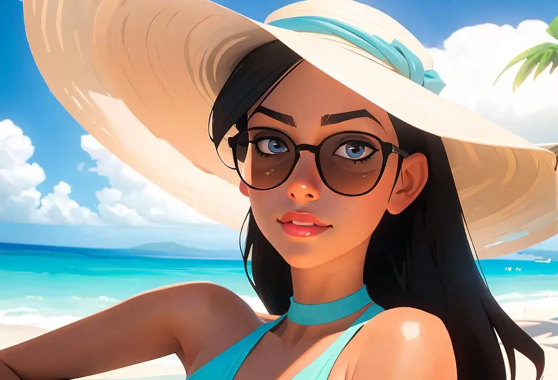 Young woman in a tropical beach, wearing a stylish swimsuit, sun hat, and sunglasses, ready to soak up some sunshine and celebrate National Tanning Day!.