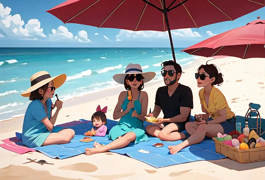 A family enjoying a sunny day at the beach, wearing hats and sunglasses, with a picnic blanket and umbrella in the background..