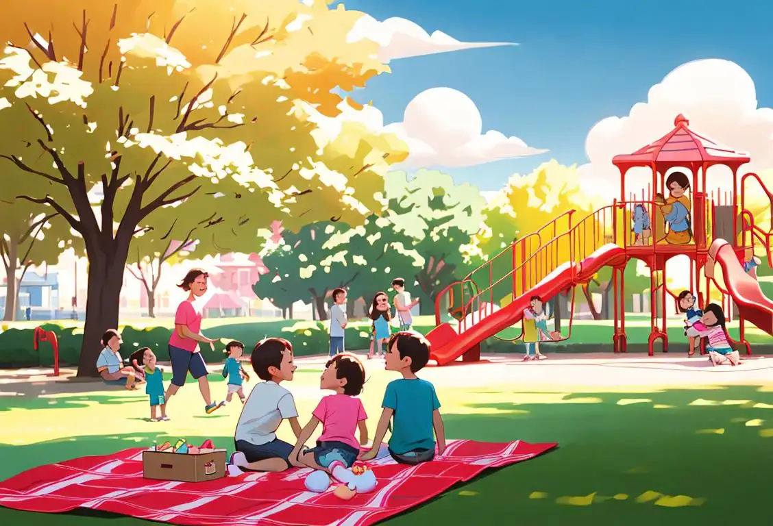 A happy family enjoying a sunny day at the park, with kids playing on a playground, having a picnic on a checkered blanket..