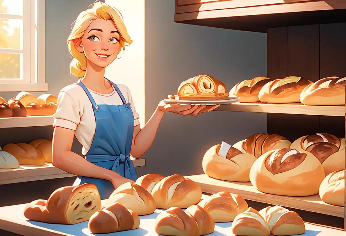 Delightful bakery display showcasing freshly baked bread, colorful pastries, and smiling bakers wearing aprons in a cozy, sunlit bakery setting..