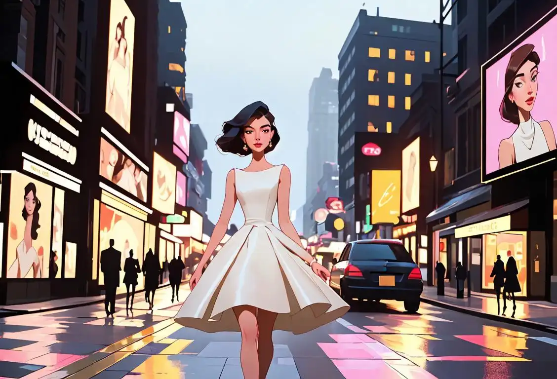Young woman in an elegant dress, walking confidently down a city street, surrounded by dazzling lights and fashion billboards..