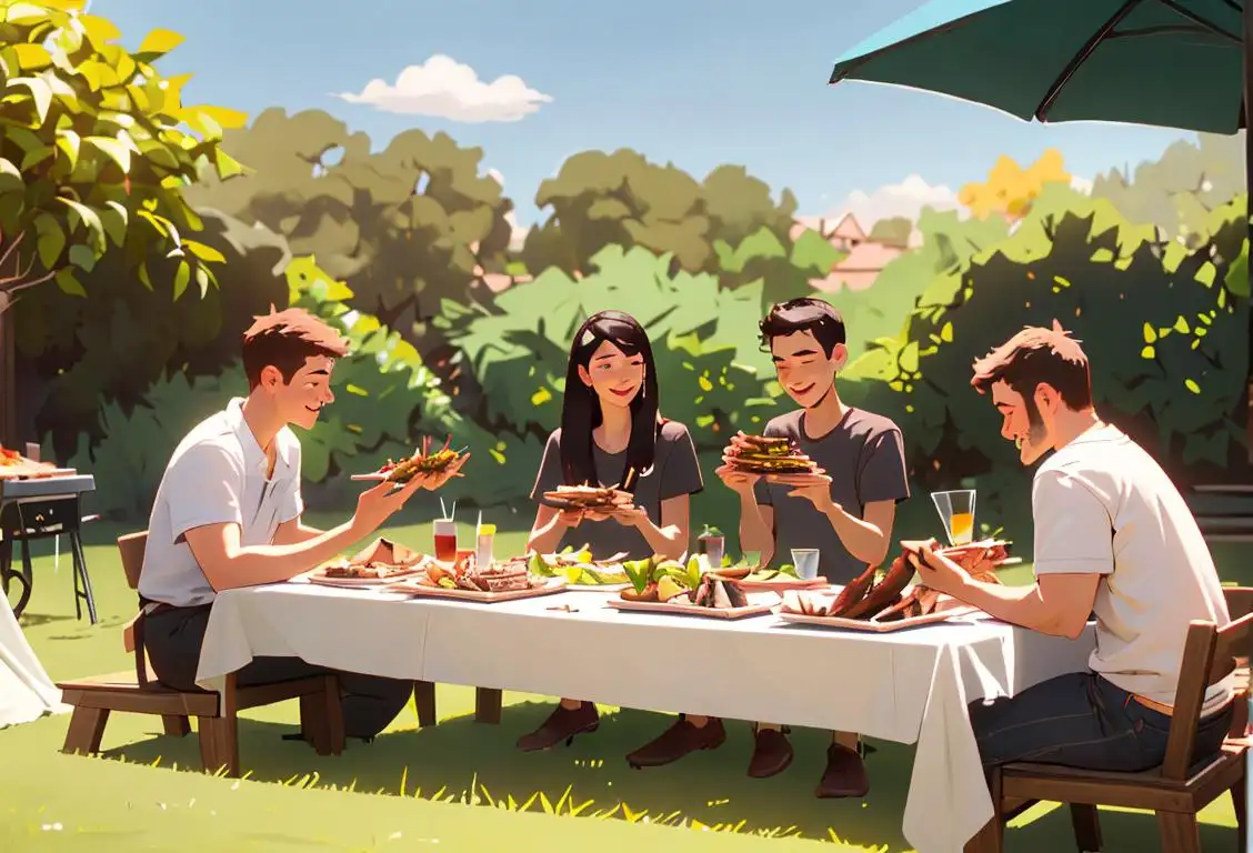 A group of friends slicing and sharing biltong in a sunny backyard barbecue, wearing casual summer outfits, surrounded by lush greenery..