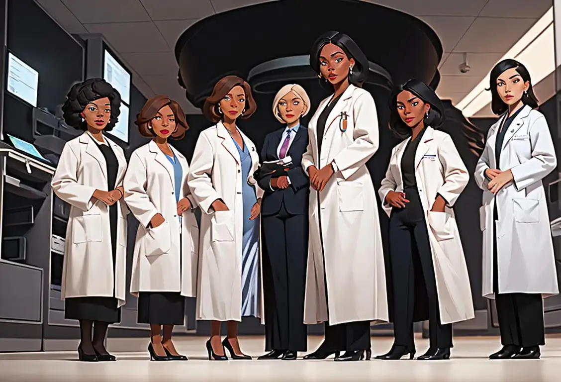 A group of diverse black women doctors wearing white lab coats, fashionably representing different styles and backgrounds, surrounded by medical equipment..