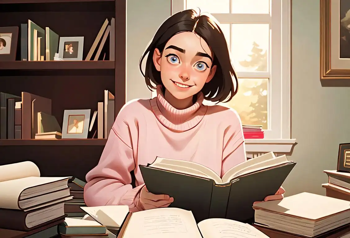 Young person, wearing cozy sweater, sitting in front of a bookshelf, surrounded by stacks of colorful books, and reading with a smile..