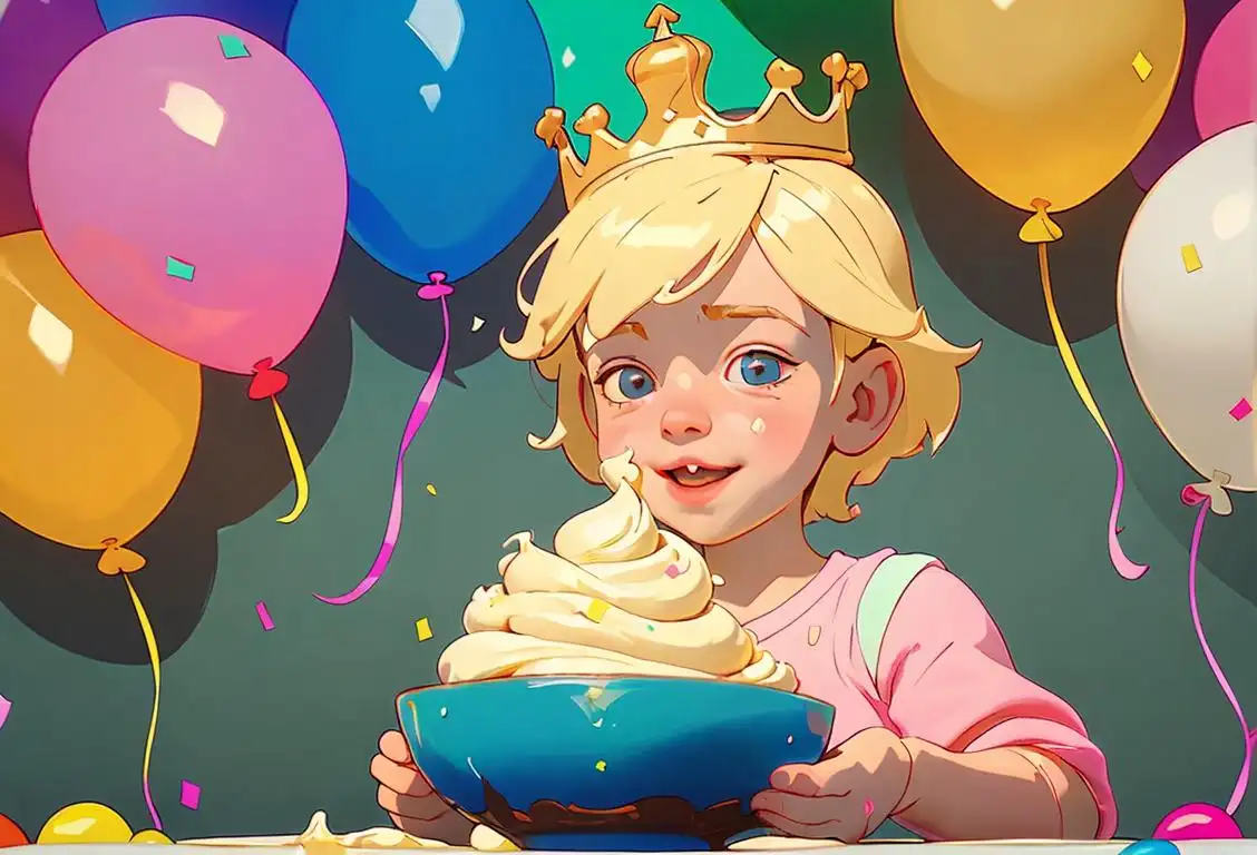 Joyful child with crown, holding a bowl of vanilla pudding, surrounded by colorful balloons and confetti..