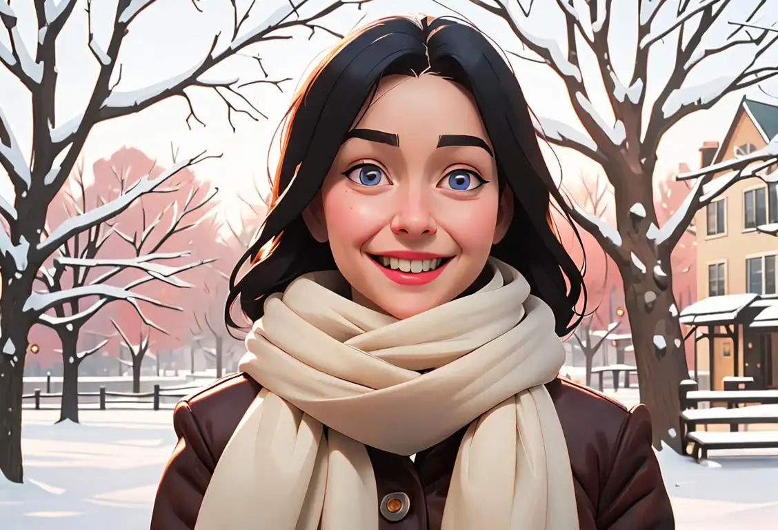 Cheerful individual with a warm smile, wearing a cozy scarf, winter fashion, snowy park scene..