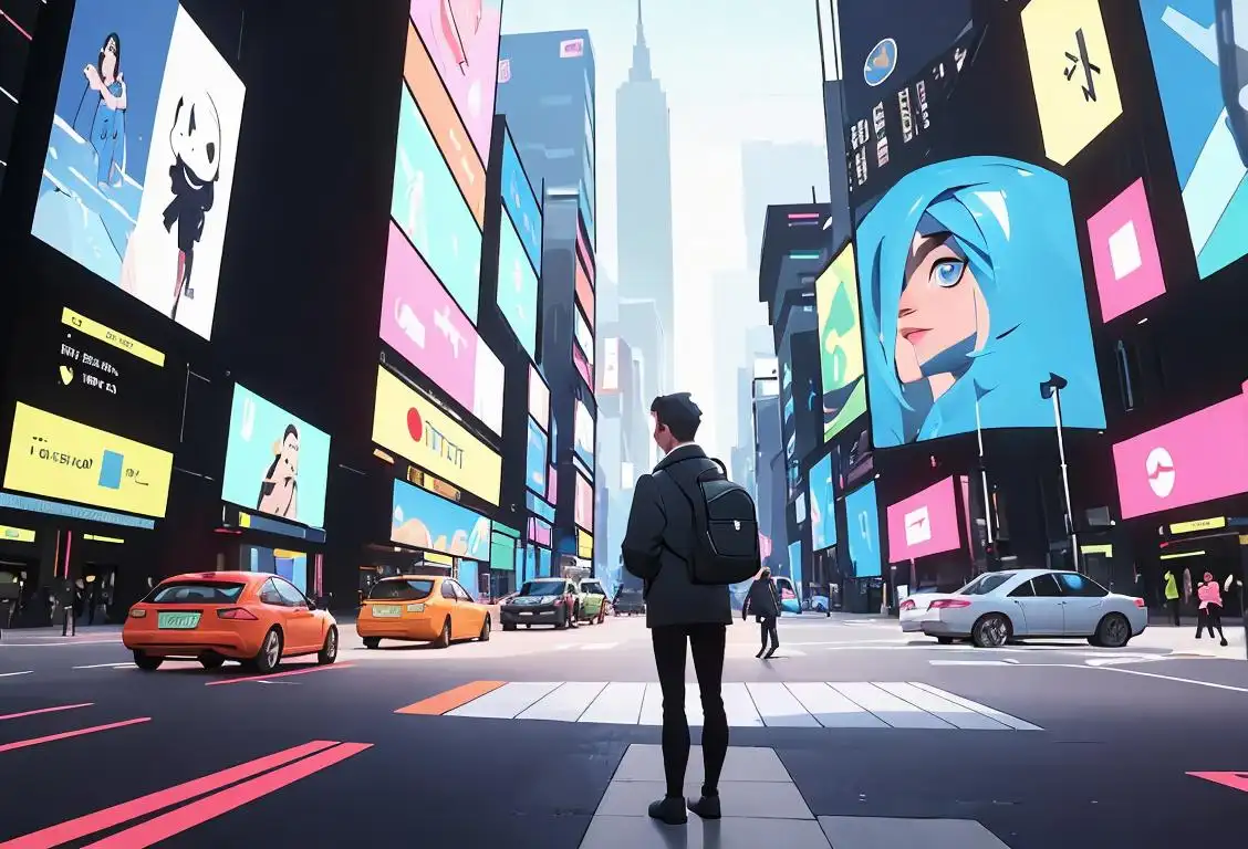 Bright and futuristic image of a person interacting with a digital interface, wearing modern attire, in a bustling city setting..